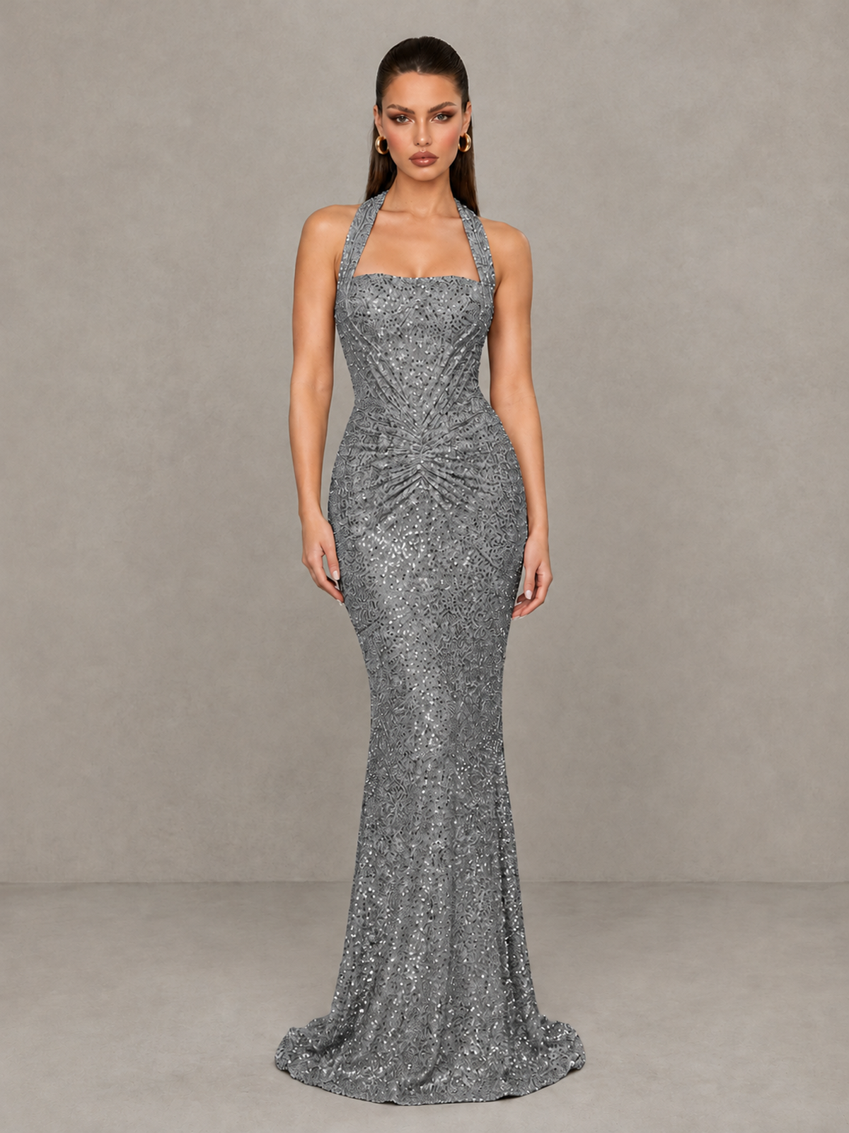 BOLODOO Grey Sequin Halter Mermaid Evening Gown - Grey - Grey (3)