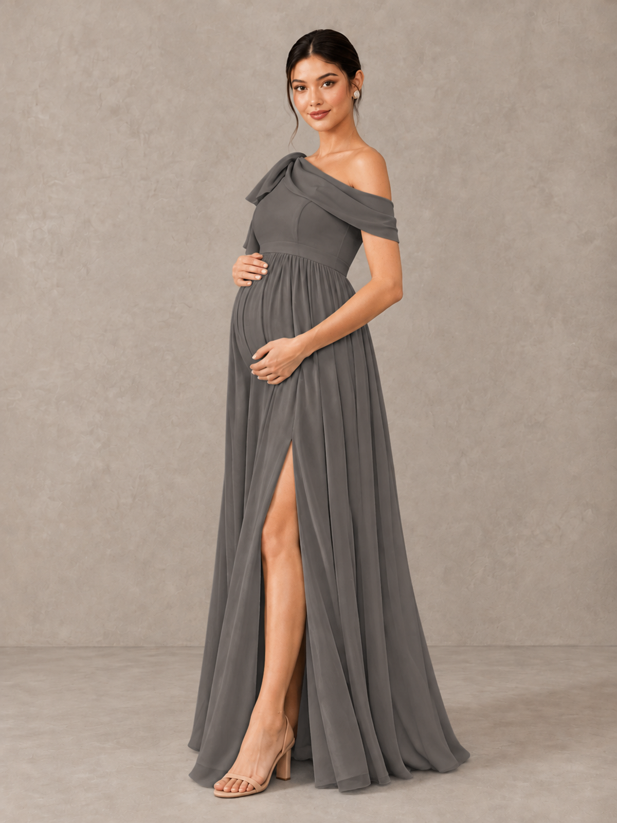 BOLODOO Grey One-Shoulder Maternity Bridesmaid Dress with Slit - Grey - Grey (3)
