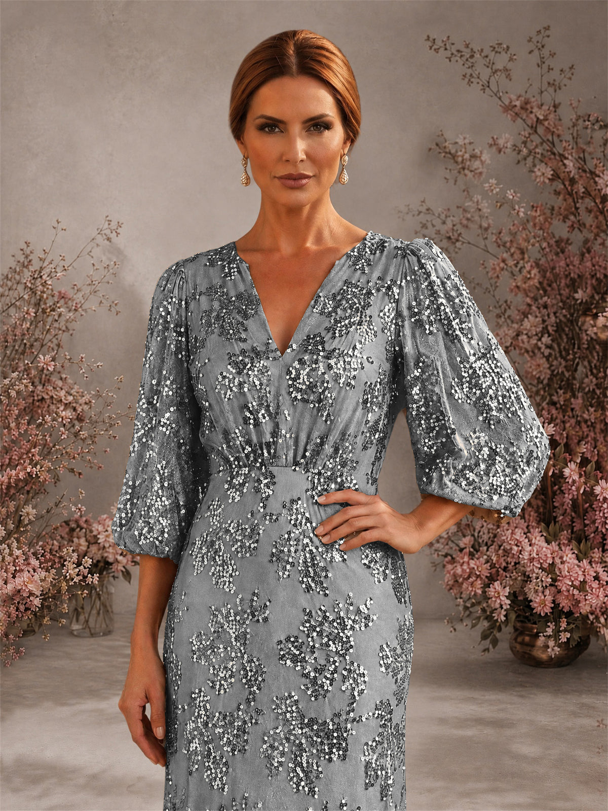 BOLODOO Grey V-Neck Lantern Sleeve All-Over Sequin Floral Embroidered Mermaid Gown - Grey