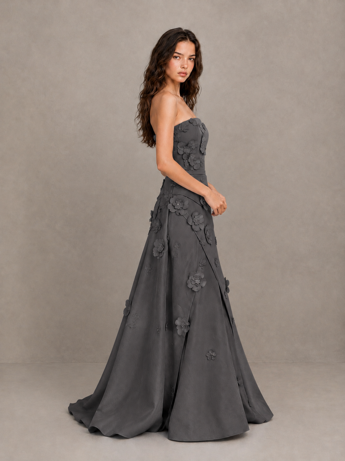 BOLODOO Grey Strapless 3D Floral Applique Prom Gown with Draped Skirt - Grey - Grey (3)