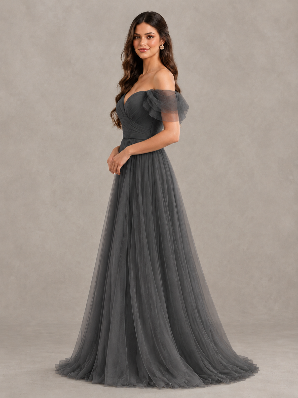 BOLODOO Grey Off-the-Shoulder Ruffle Sleeve A-Line Bridesmaid Dress - Grey - Grey (3)