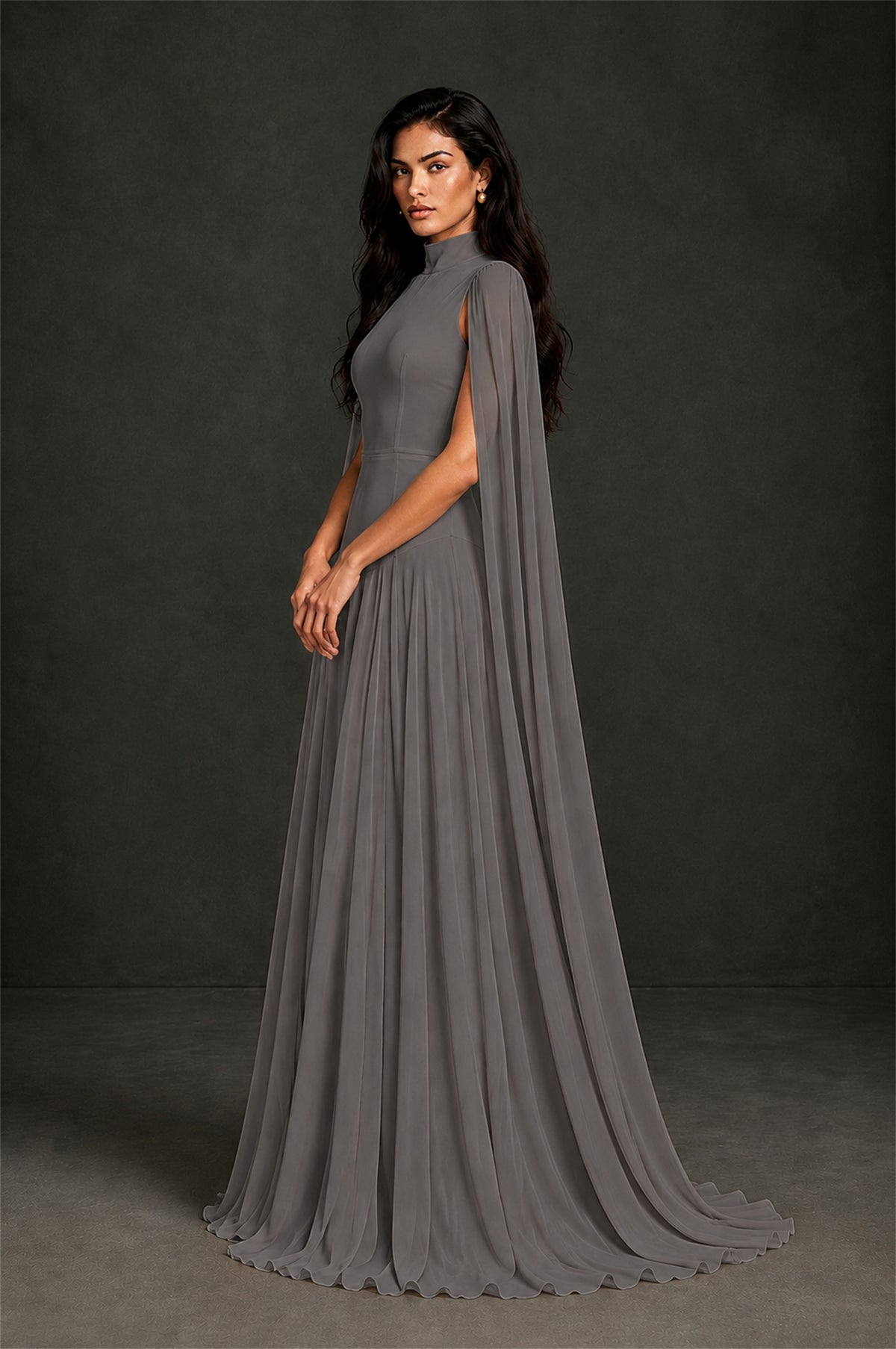 BOLODOO Grey Mock Neck Cape Sleeve A-Line Chiffon Maxi Dress - Grey - Grey (3)