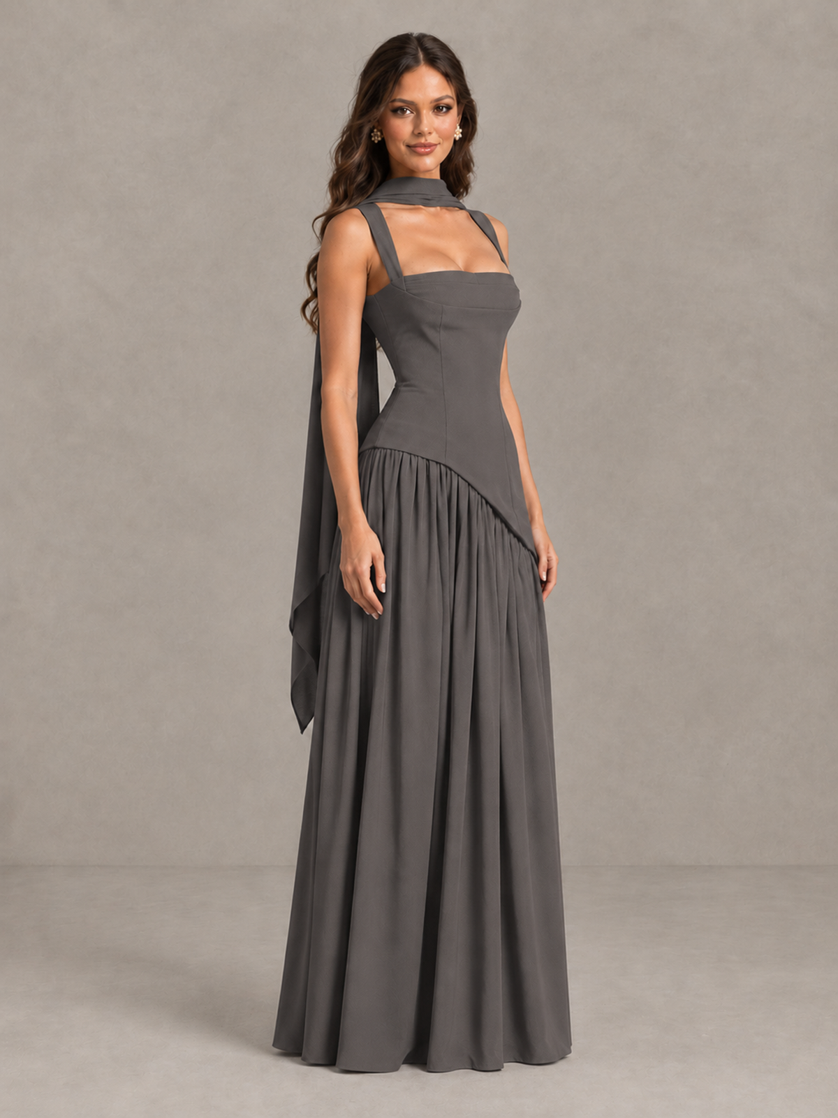 BOLODOO Grey Brown Scarf Bridesmaid Dress with Lace-Up Back - Grey - Grey (3)