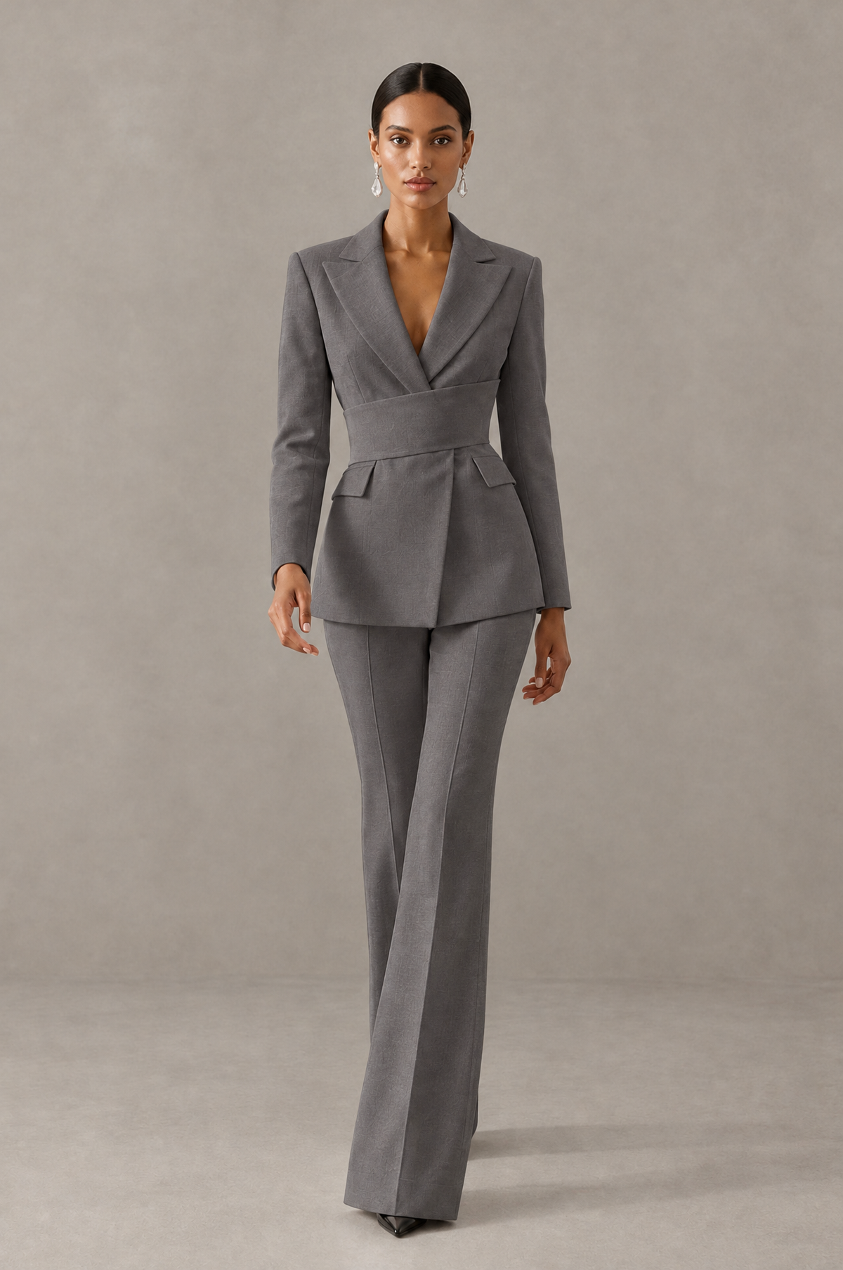 BOLODOO Grey Two-Piece Pantsuit with Tailored Blazer & Flared Pants - Grey - Grey (3)