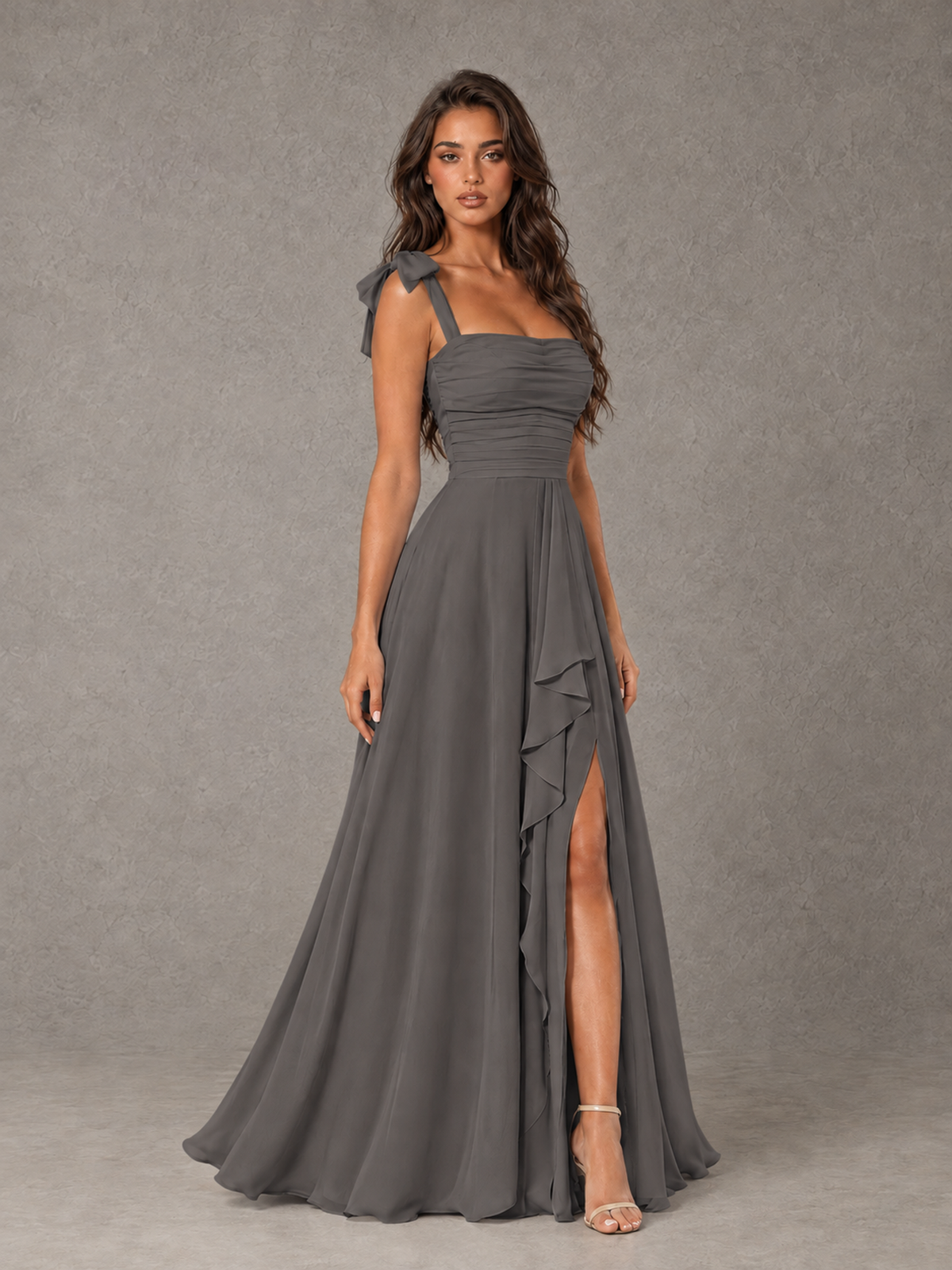 BOLODOO Grey Bow-Strap Bridesmaid Dress with Ruffle Slit - Grey - Grey (3)