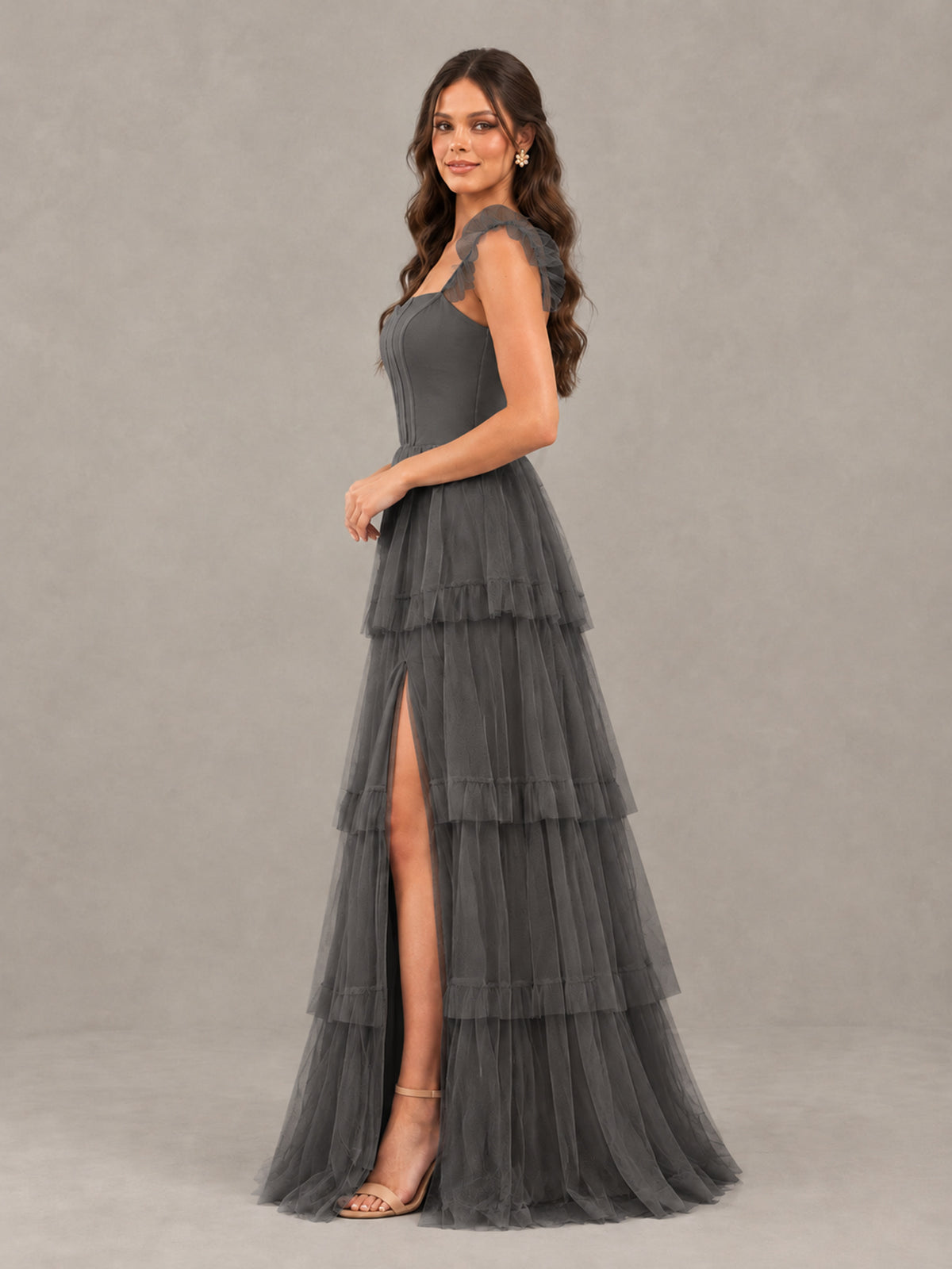 BOLODOO Grey Tiered Tulle Bridesmaid Dress with Slit - Grey - Grey (3)
