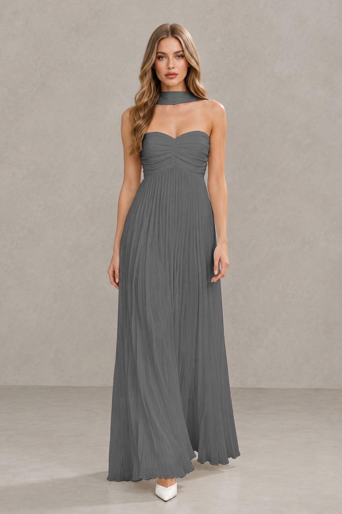 BOLODOO Grey Strapless Chiffon-Look Maxi Dress with Lace-Up Back & Cape - Grey