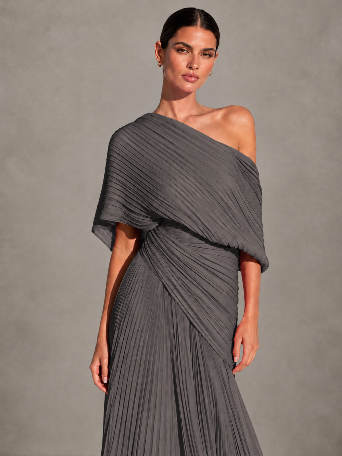 BOLODOO Grey One-Shoulder Pleated Cape Evening Gown with Train - Grey - Grey (3)