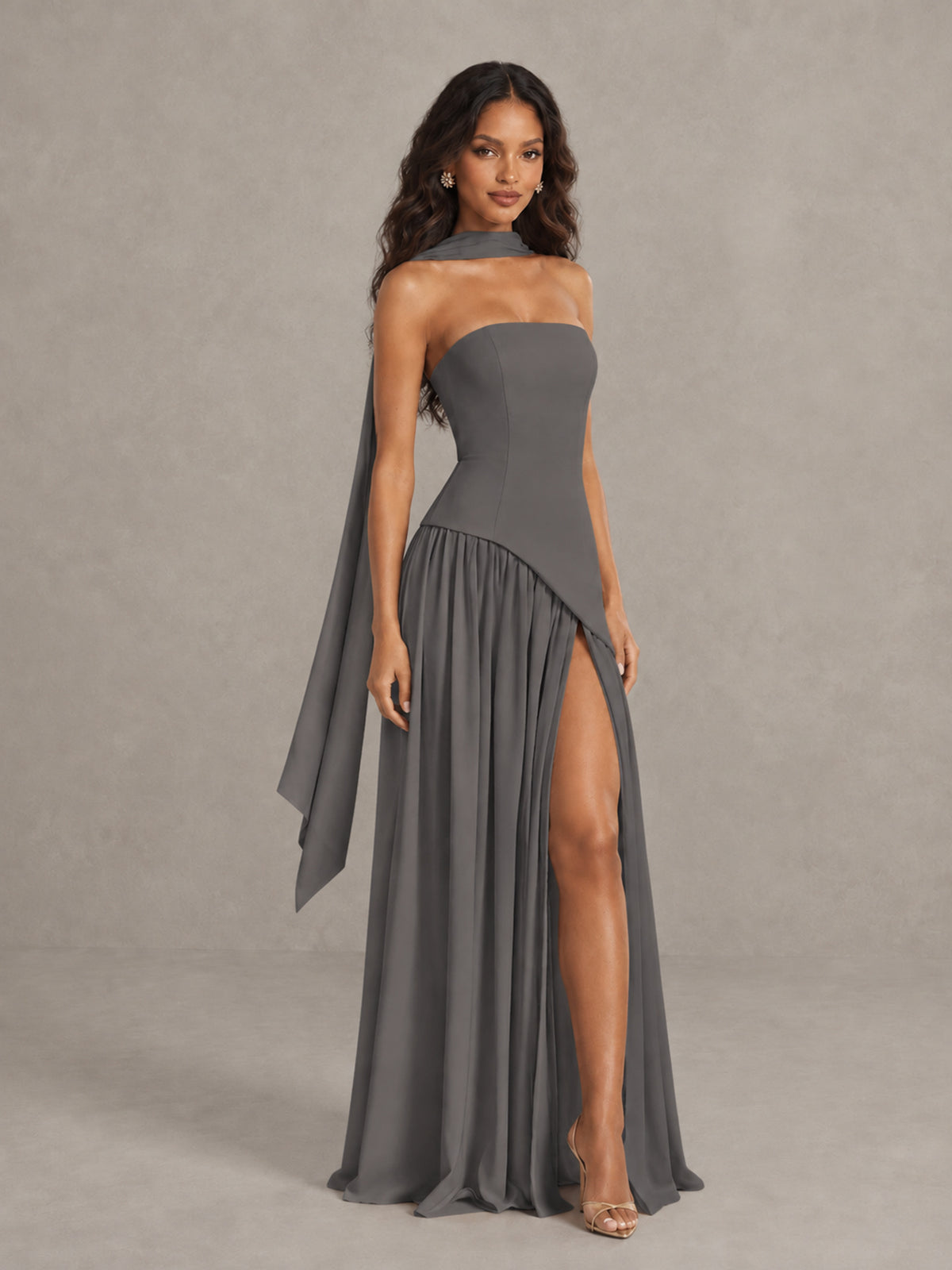 Grey Strapless Bridesmaid Dress with Scarf & High Slit - Grey - Grey (3)