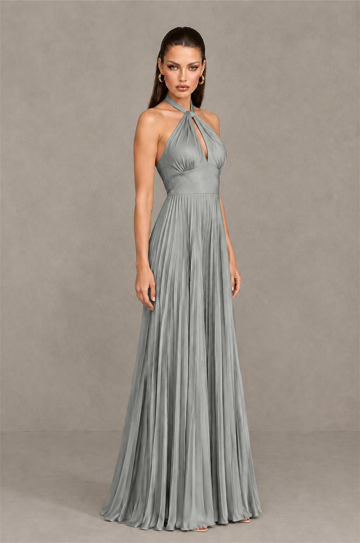 BOLODOO Grey Halter Pleated A-Line Evening Dress - Grey