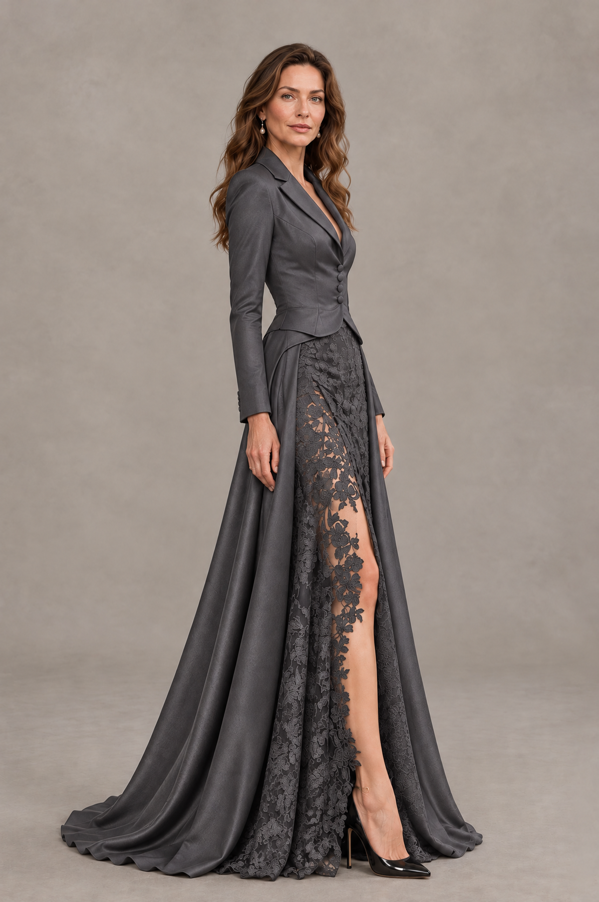 BOLODOO Grey Long Sleeve Lace Blazer Gown with High Slit - Grey - Grey (3)