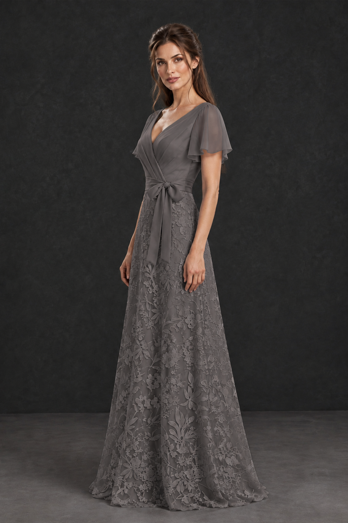 BOLODOO Grey Flutter Sleeve Lace Mother of the Bride Dress - Grey