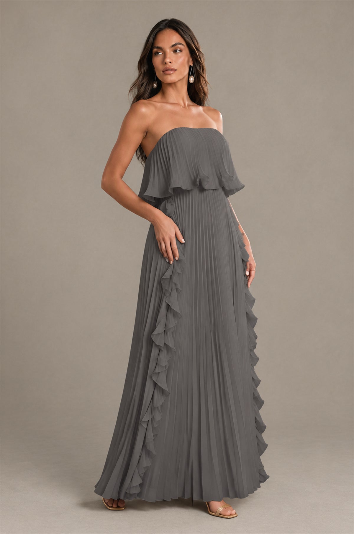BOLODOO Grey Strapless Ruffle Bodice Dual Cascading Ruffle Accordion Pleated Chiffon Maxi Dress - Grey
