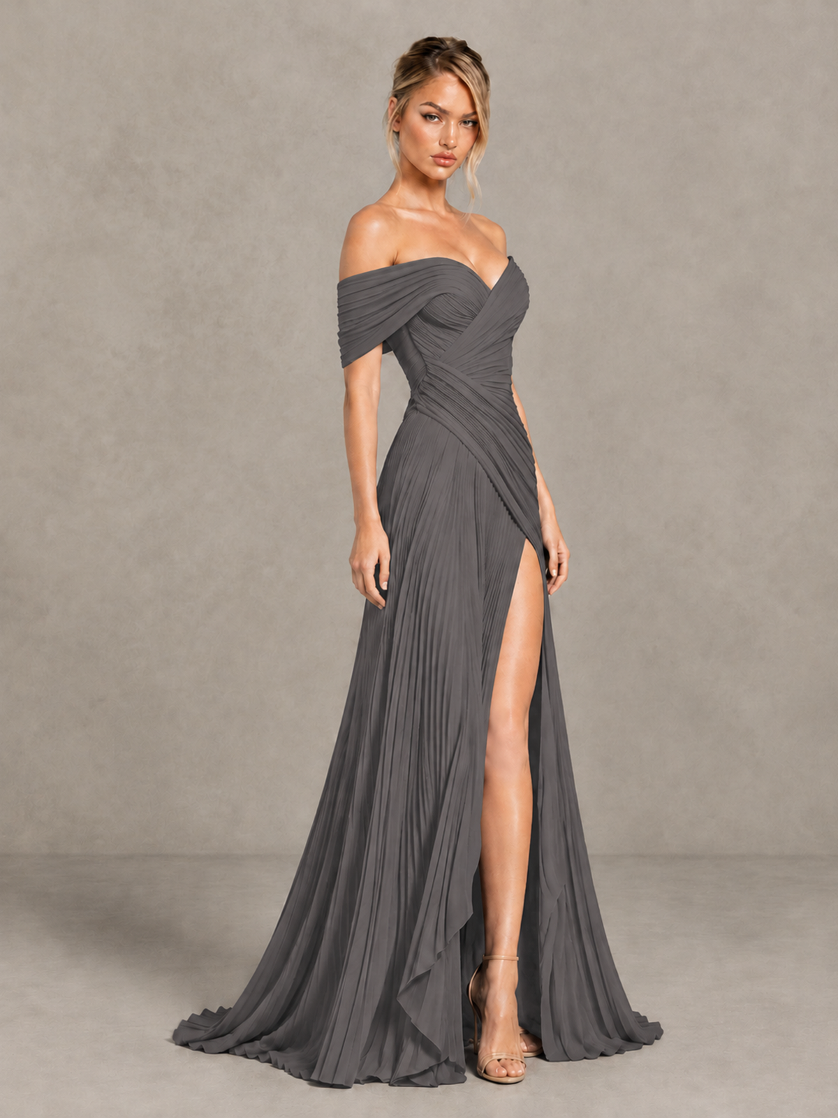 BOLODOO Grey Off-Shoulder Ruched Pleated Maxi Dress with High Slit - Grey - Grey (3)