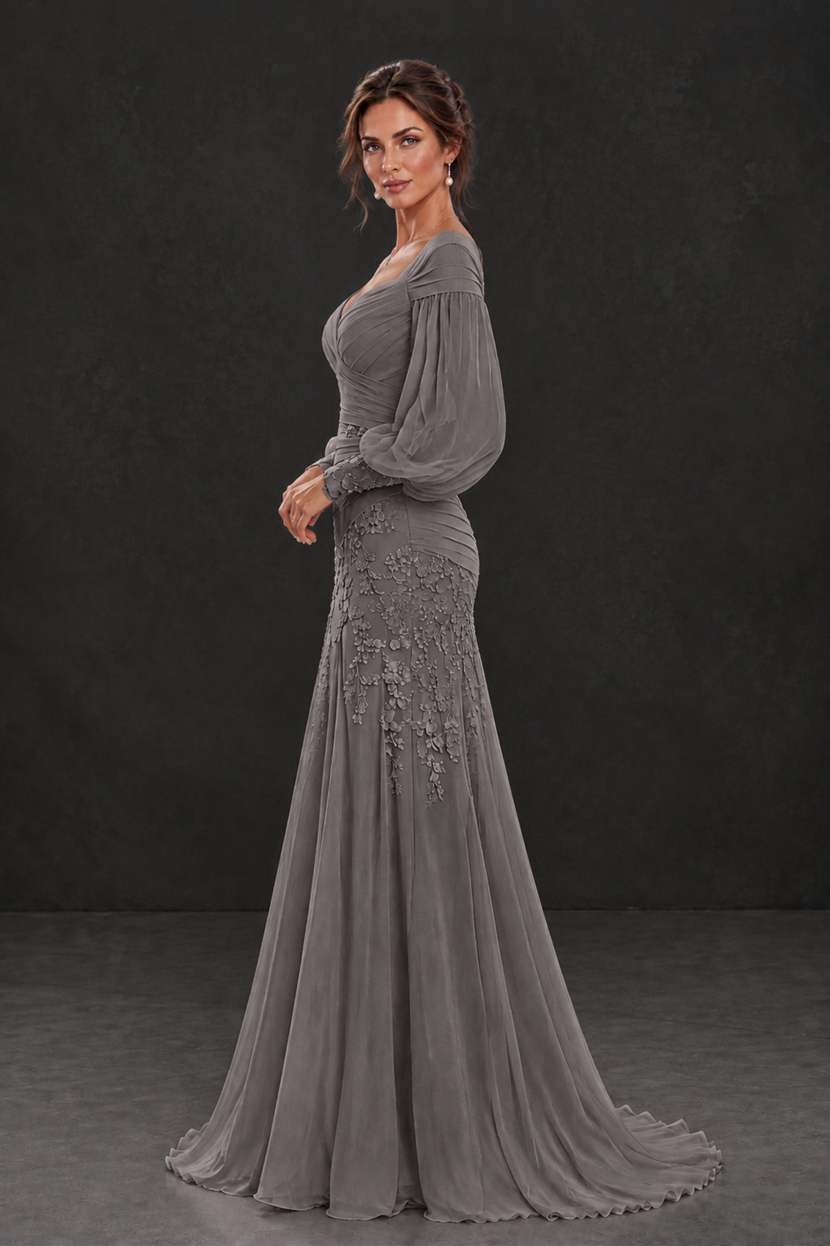 BOLODOO Grey Long Sleeve Mother of the Bride Dress with Floral Appliqués - Grey - Grey (3)