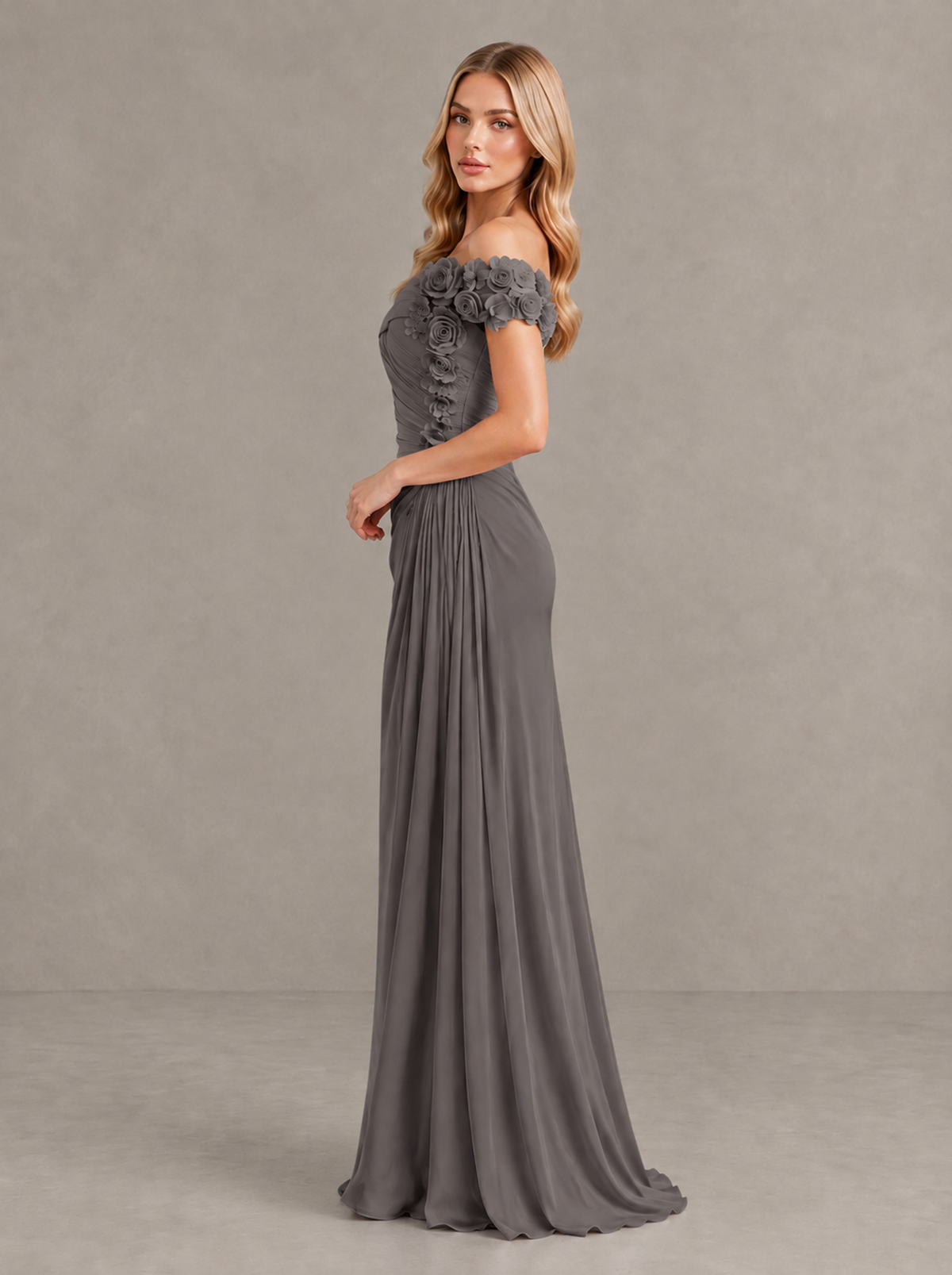 BOLODOO Grey Off-Shoulder Floral Applique Wedding Guest Maxi Dress - Grey - Grey (3)