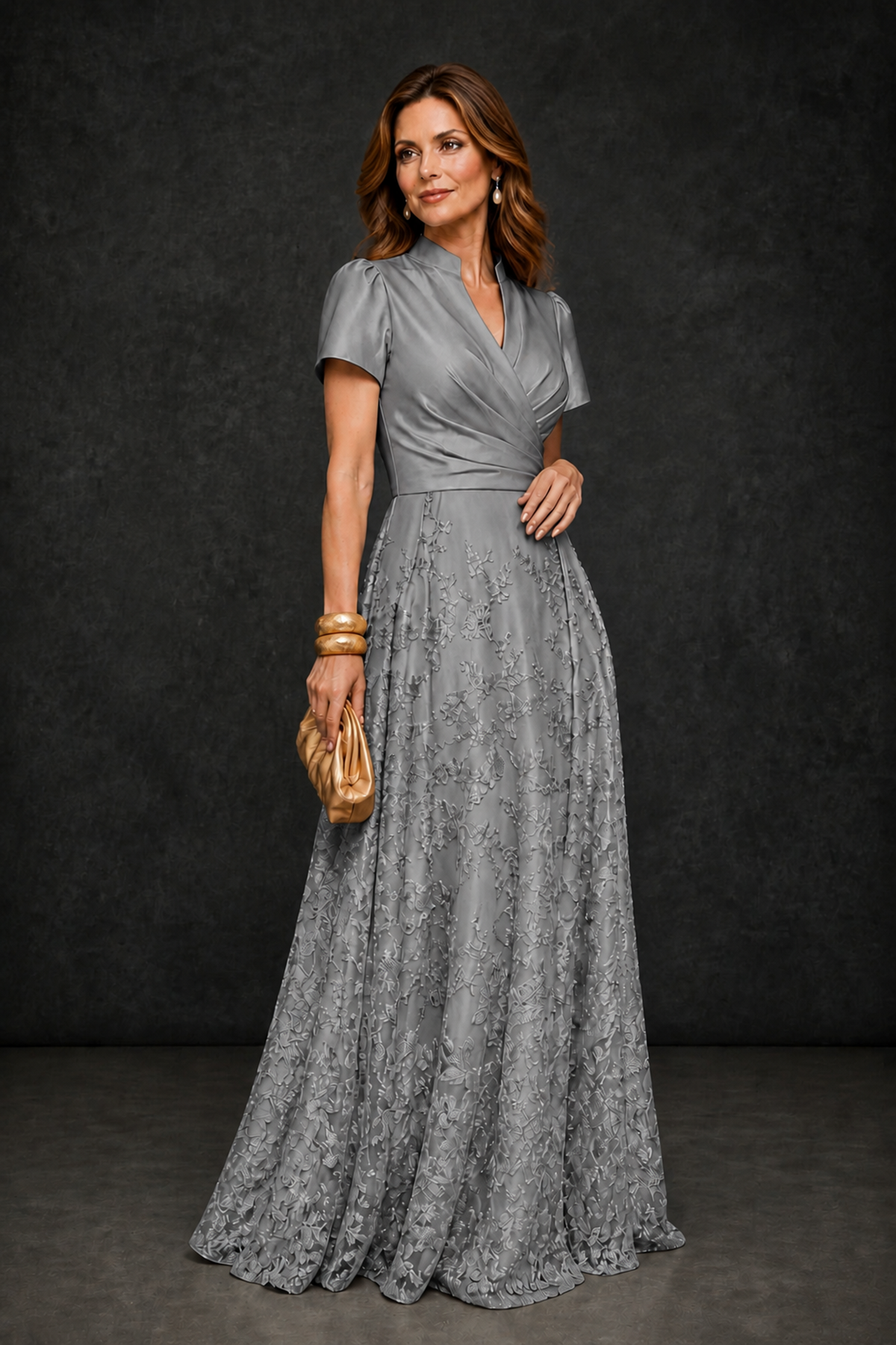 BOLODOO Grey Satin Wrap V-Neck Short Sleeve Lace Glitter A-Line Floor Length Evening Gown – Formal Dress - Grey - Grey (3)