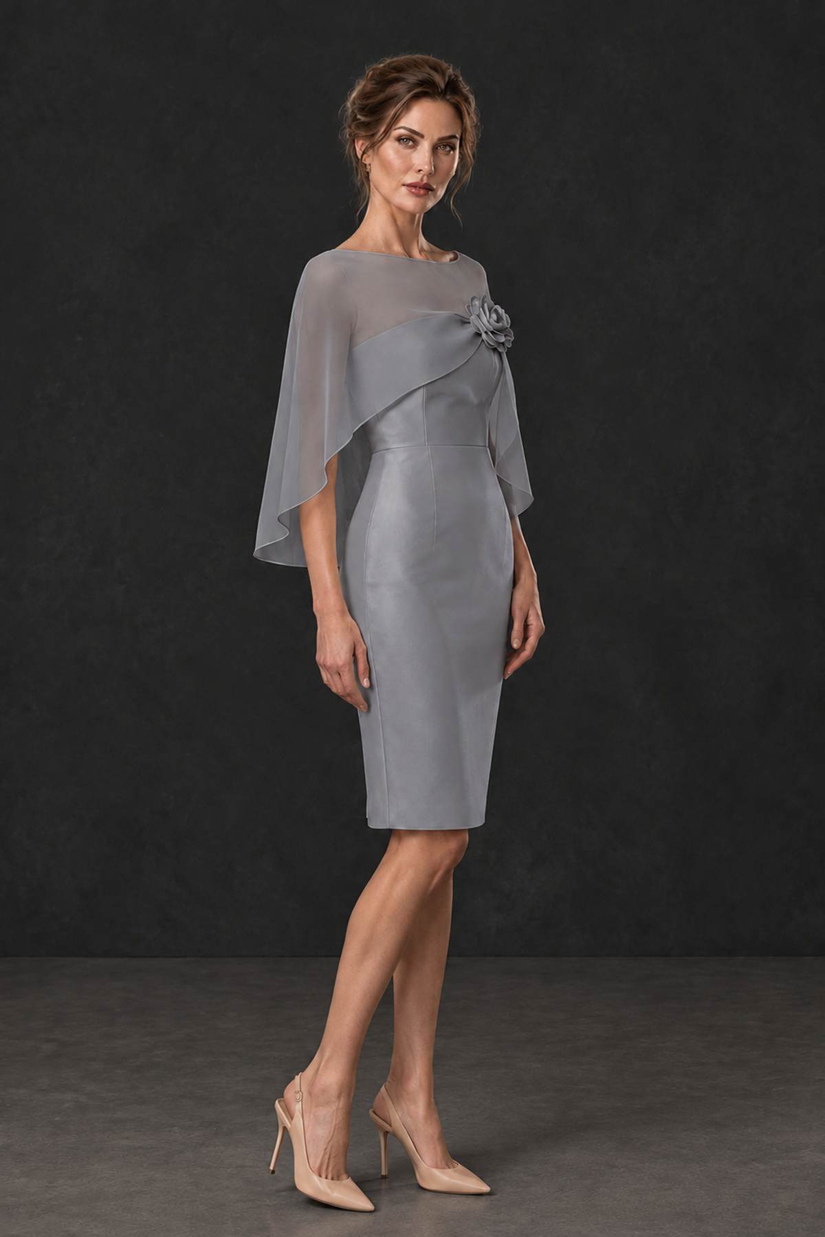 BOLODOO Grey Cape Knee-Length Mother of the Bride Dress - Grey - Grey (3)
