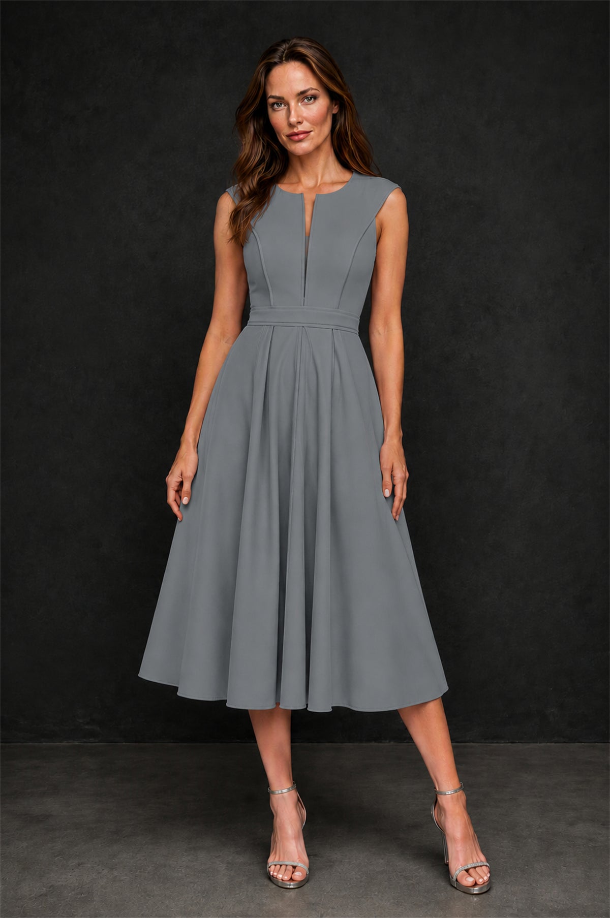 BOLODOO Grey 3D Rosette Appliqué 3/4 Sleeve Jacket & V-Notch Sleeveless A-Line Tea-Length Two-Piece Dress Set - Grey