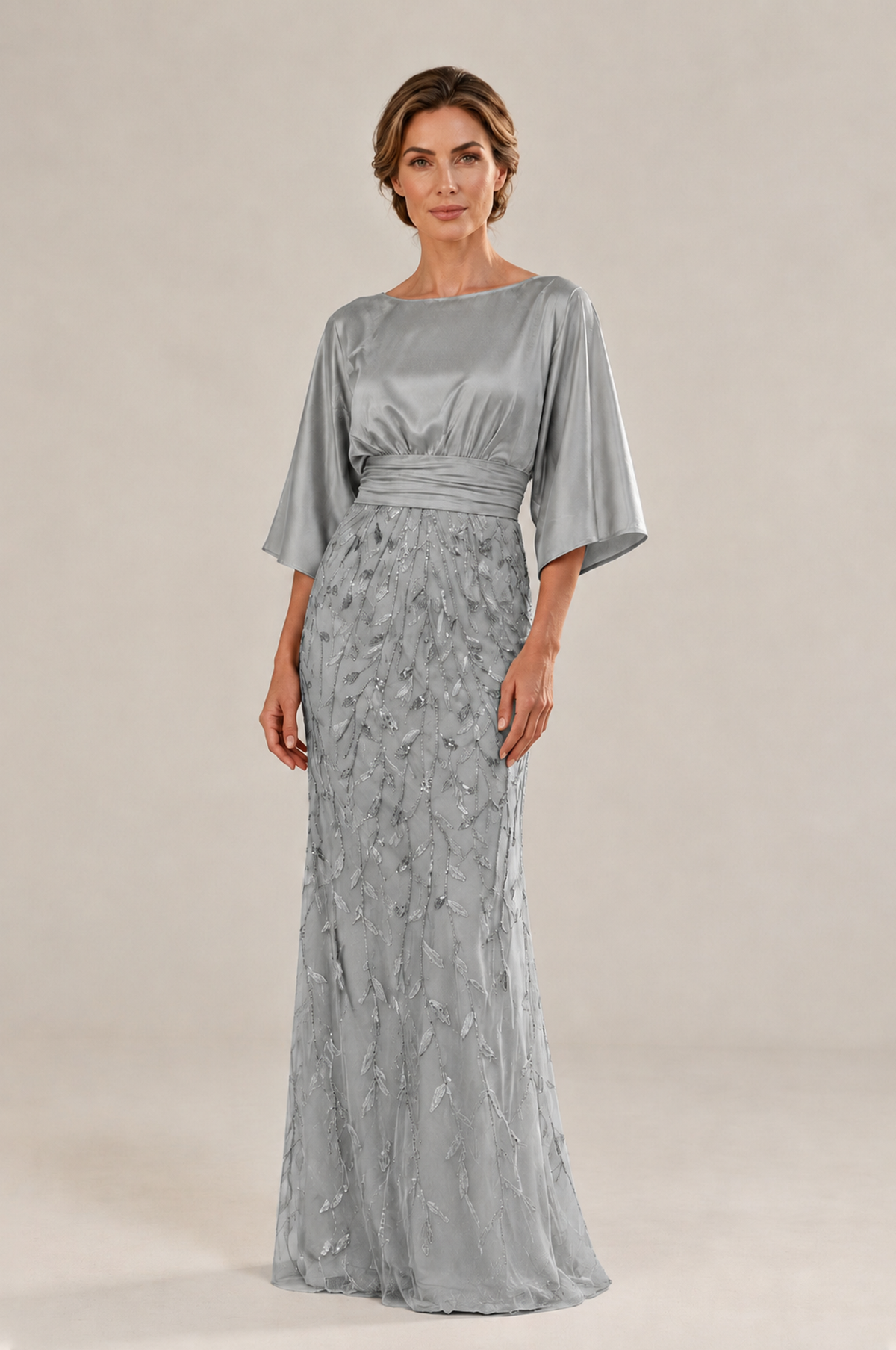 BOLODOO Grey Mother of the Bride Dress with Kimono Sleeves, Satin Bodice & Sequin Embroidered Mermaid Floor-Length Gown - Grey - Grey (3)