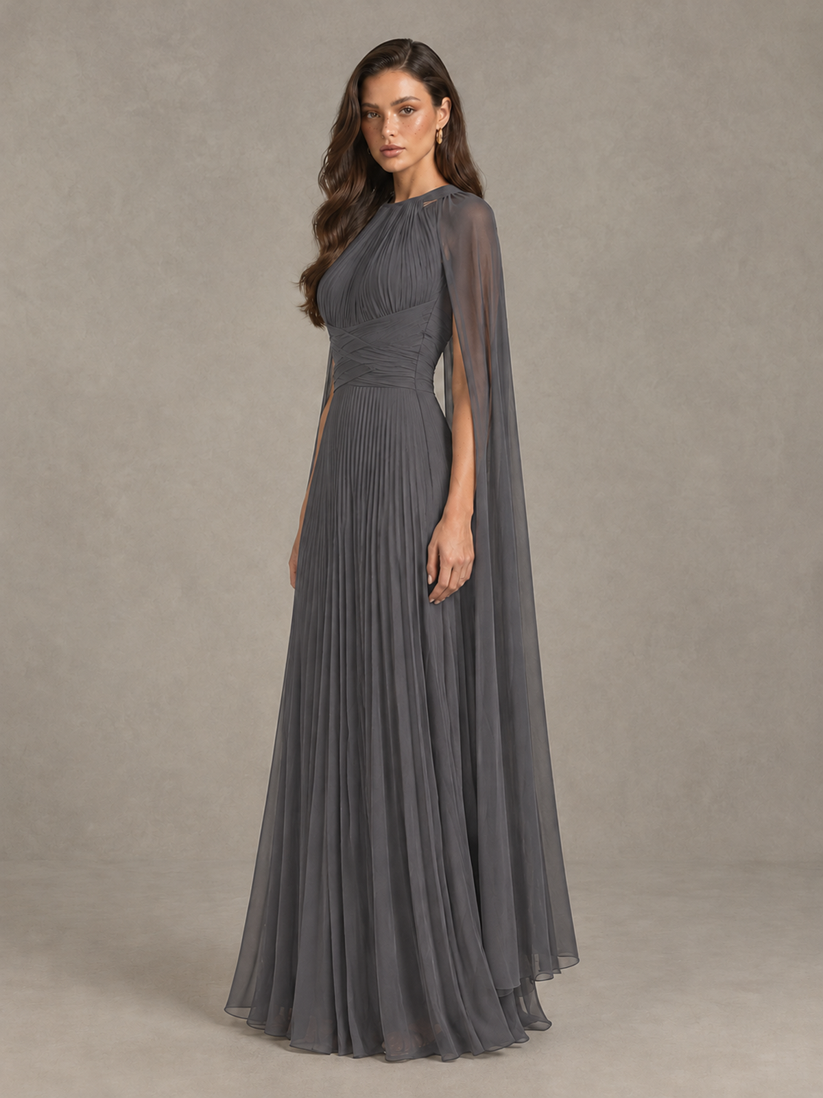 BOLODOO Grey Pleated Cape Maxi Wedding Guest Dress - Grey - Grey (3)