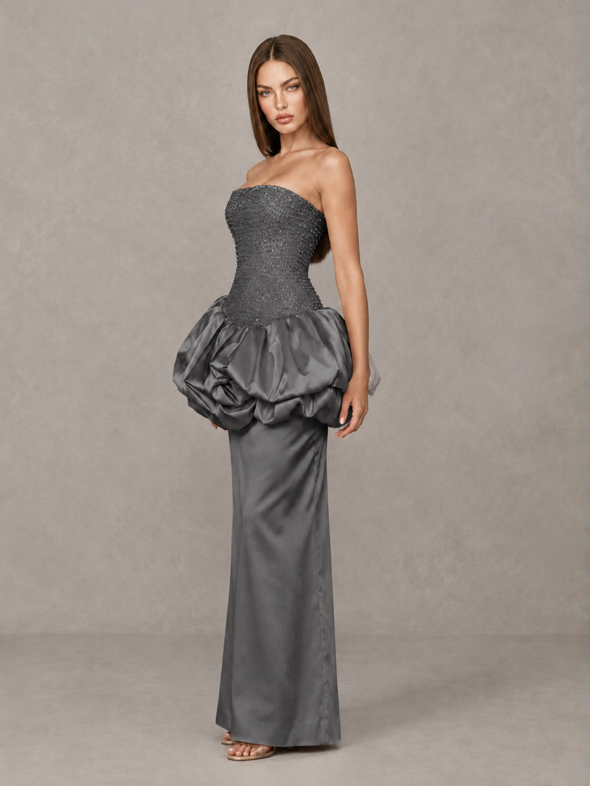 BOLODOO Grey Strapless Embellished Bubble Peplum Evening Dress - Grey - Grey (3)