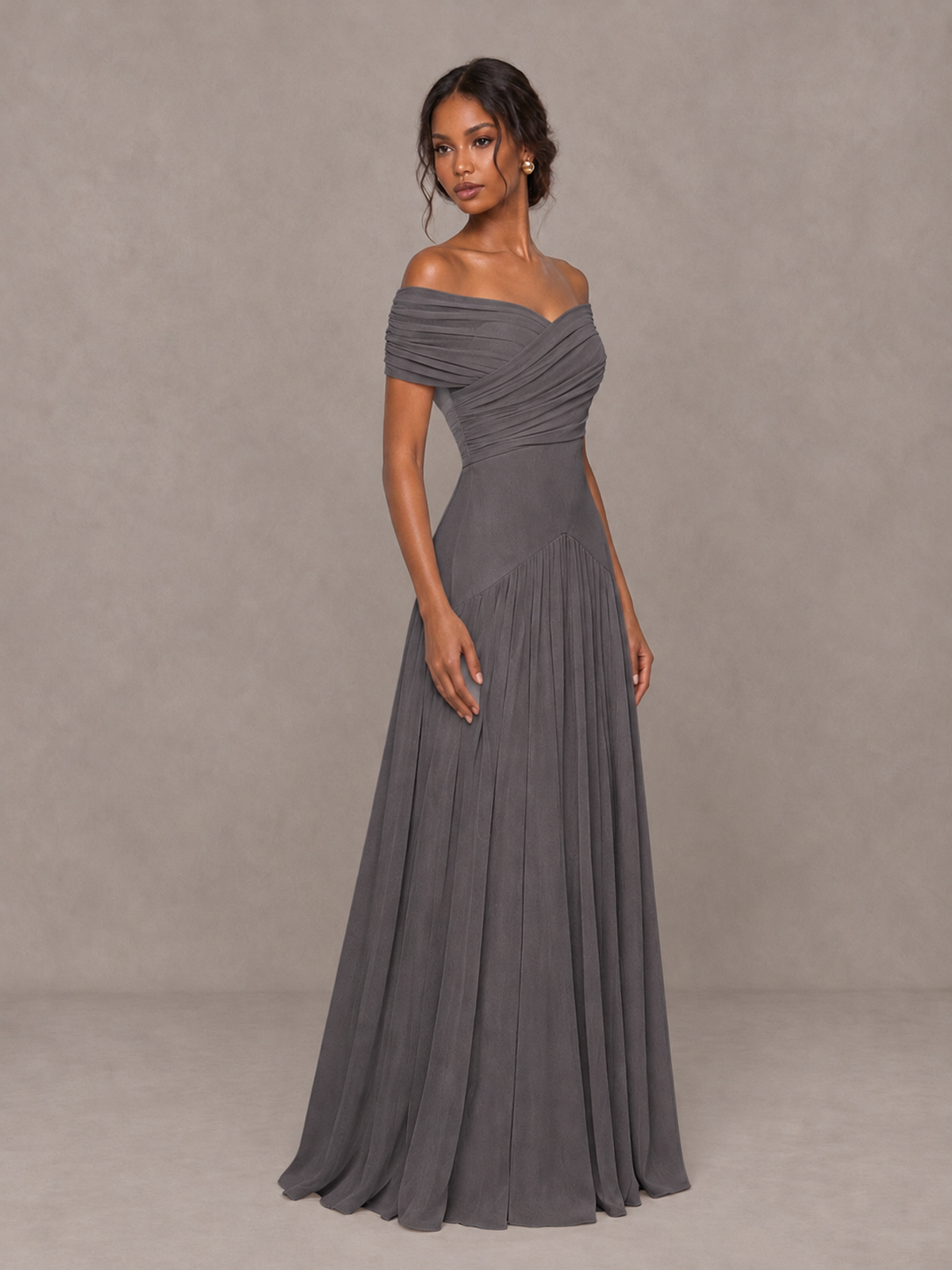 BOLODOO Grey Off-Shoulder Ruched A-Line Bridesmaid Dress - Grey - Grey (3)