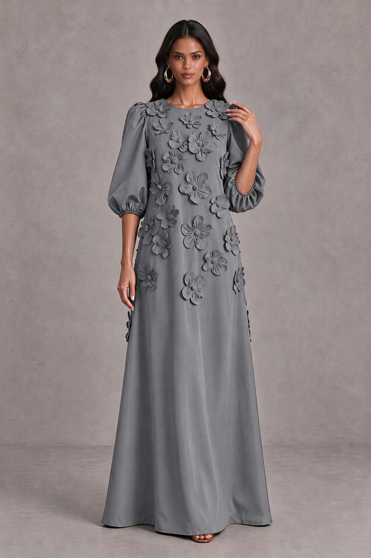 BOLODOO Grey Floral Applique Puff Sleeve A-Line Evening Dress - Grey - Grey (3)