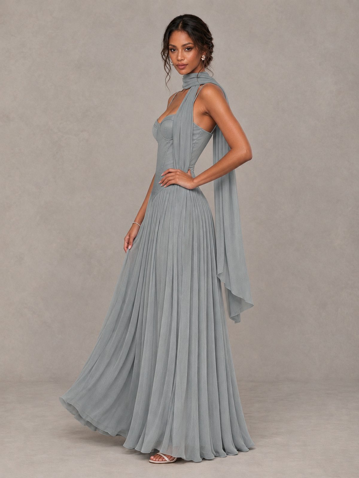 BOLODOO Grey Corset Bridesmaid Dress with Scarf - Grey - Grey (3)