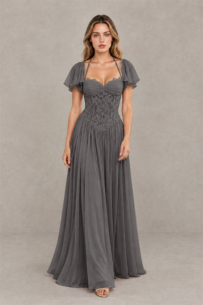 BOLODOO Grey Flutter Sleeve Lace Corset A-Line Maxi Dress - Grey - Grey (3)