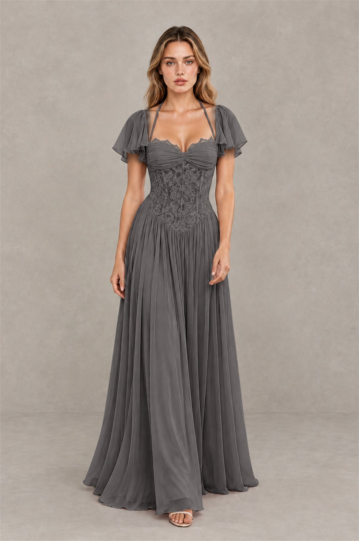 BOLODOO Grey Flutter Sleeve Lace Corset A-Line Maxi Dress - Grey - Grey (3)