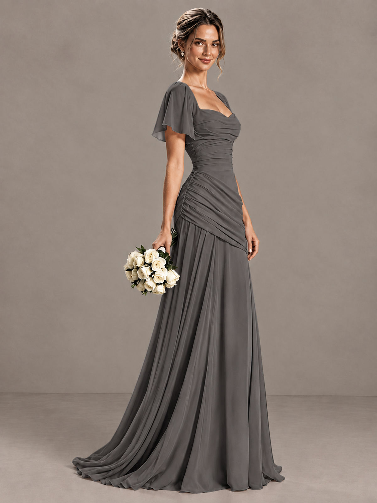 BOLODOO Grey Flutter Sleeve Lace-Up Back Maxi Dress - Grey - Grey (3)