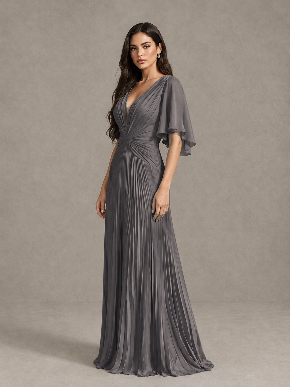 BOLODOO Grey Pleated V-Neck Flutter Sleeve Bridesmaid Dress - Grey - Grey (3)
