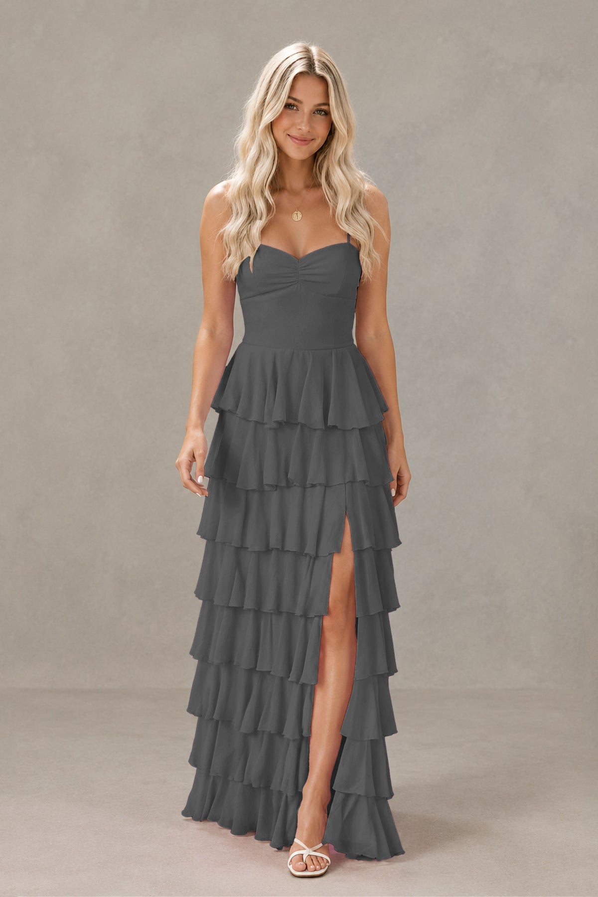 BOLODOO Grey Strapless Tiered Ruffle Maxi Dress with Slit & Lace-Up Back - Grey