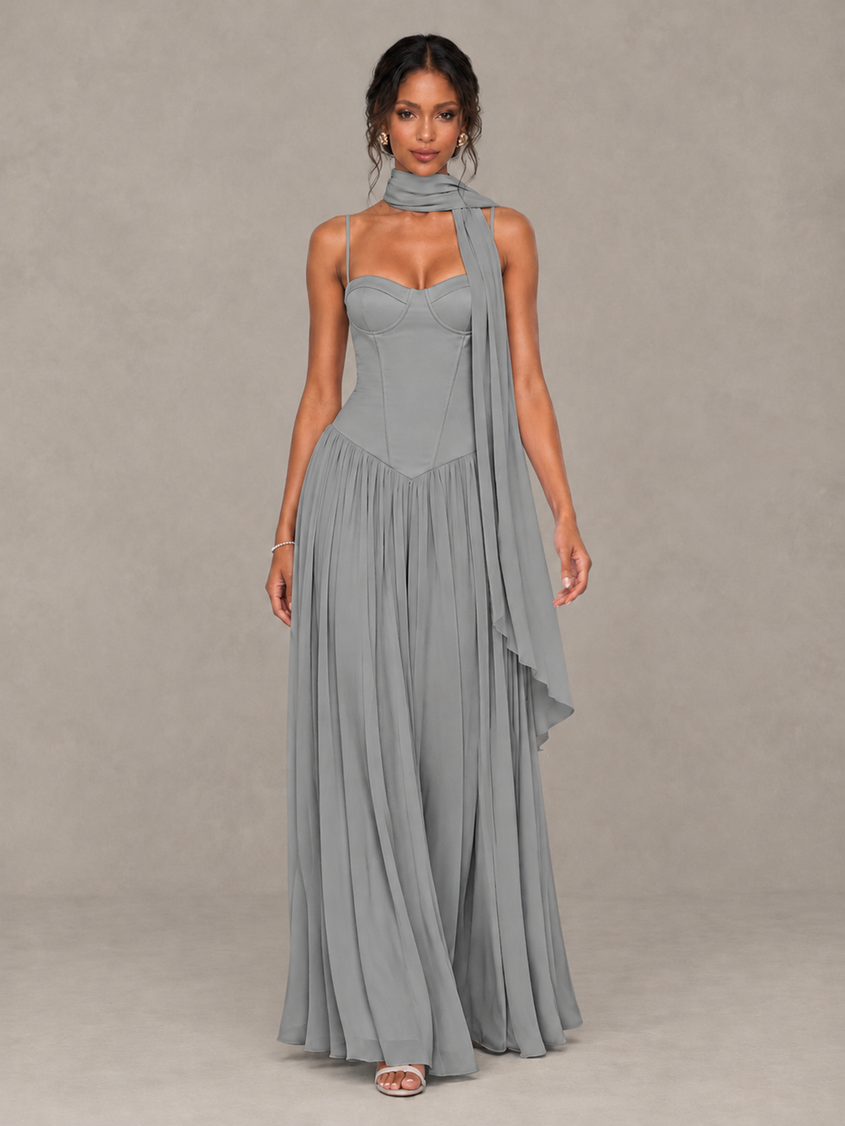 BOLODOO Grey Corset Bridesmaid Dress with Scarf - Grey - Grey (4)