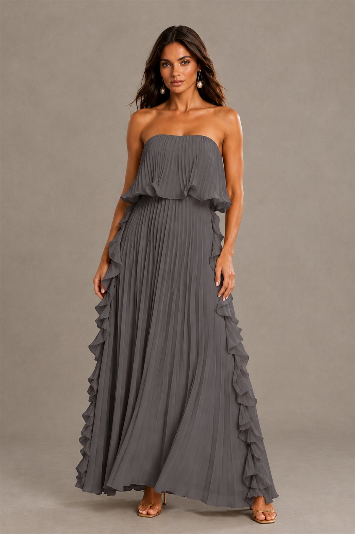 BOLODOO Grey Strapless Ruffle Bodice Dual Cascading Ruffle Accordion Pleated Chiffon Maxi Dress - Grey