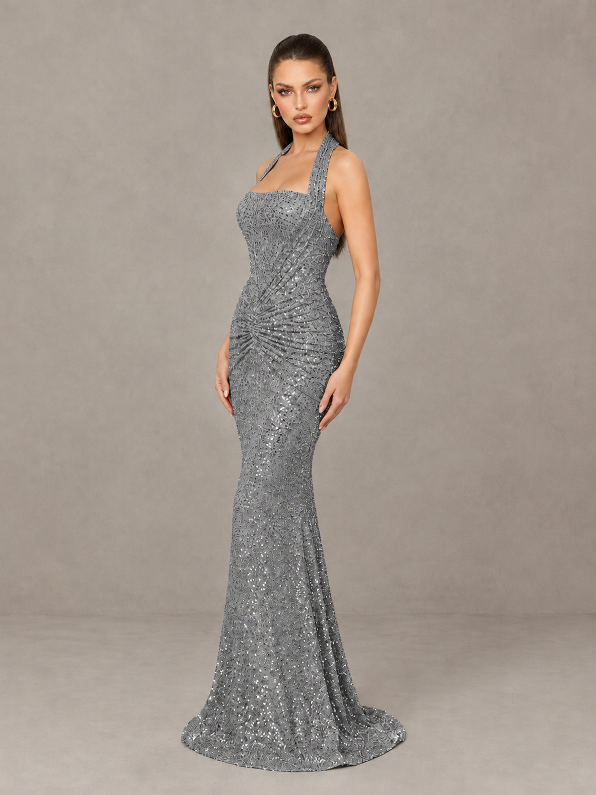 BOLODOO Grey Sequin Halter Mermaid Evening Gown - Grey - Grey (4)