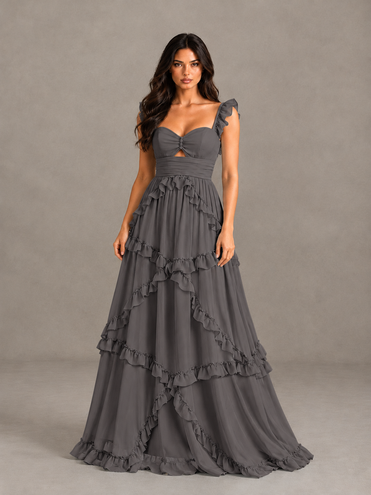 BOLODOO Grey Ruffle A-Line Prom Dress with Open Back - Grey - Grey (4)