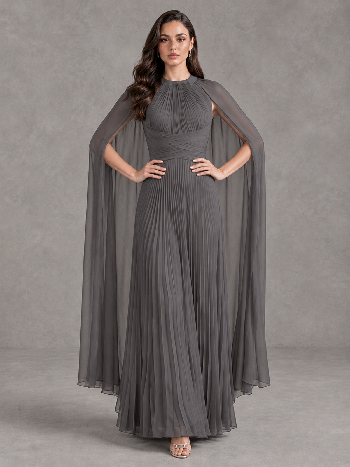 BOLODOO Grey Pleated Cape Maxi Wedding Guest Dress - Grey - Grey (4)