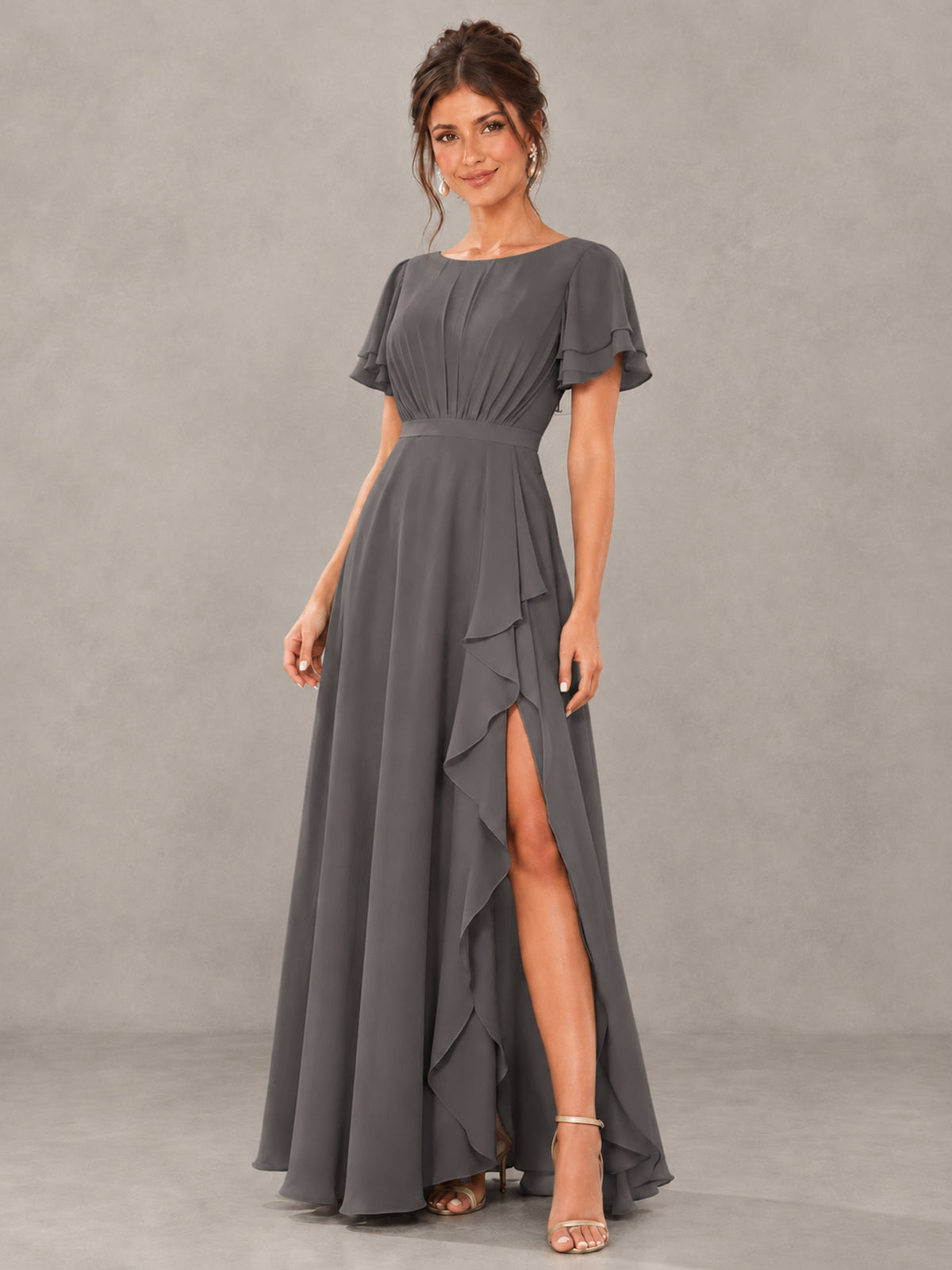 BOLODOO Grey Flutter Sleeve Ruffle Bridesmaid Dress with Slit - Grey - Grey (4)