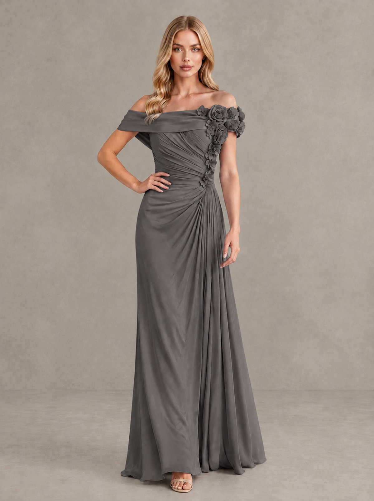 BOLODOO Grey Off-Shoulder Floral Applique Wedding Guest Maxi Dress - Grey - Grey (4)