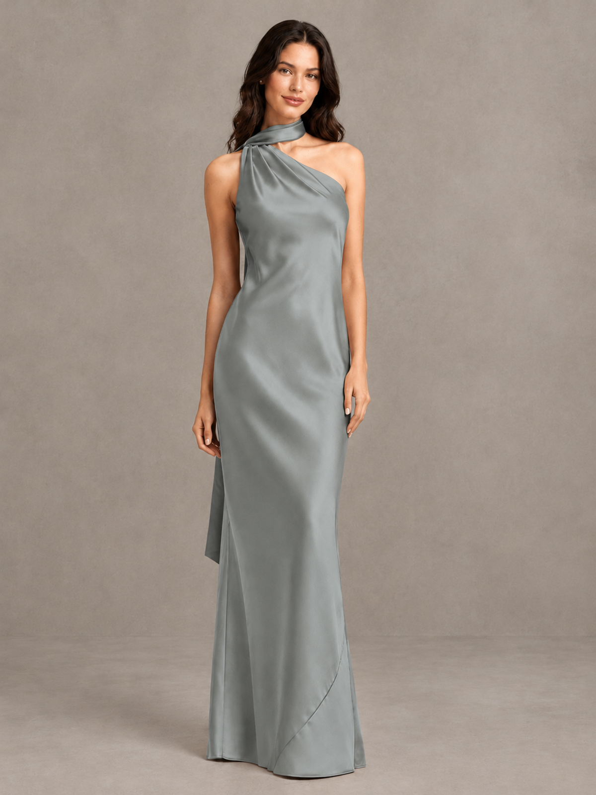 BOLODOO Grey Satin One-Shoulder Bridesmaid Dress with Open Back - Grey - Grey (4)