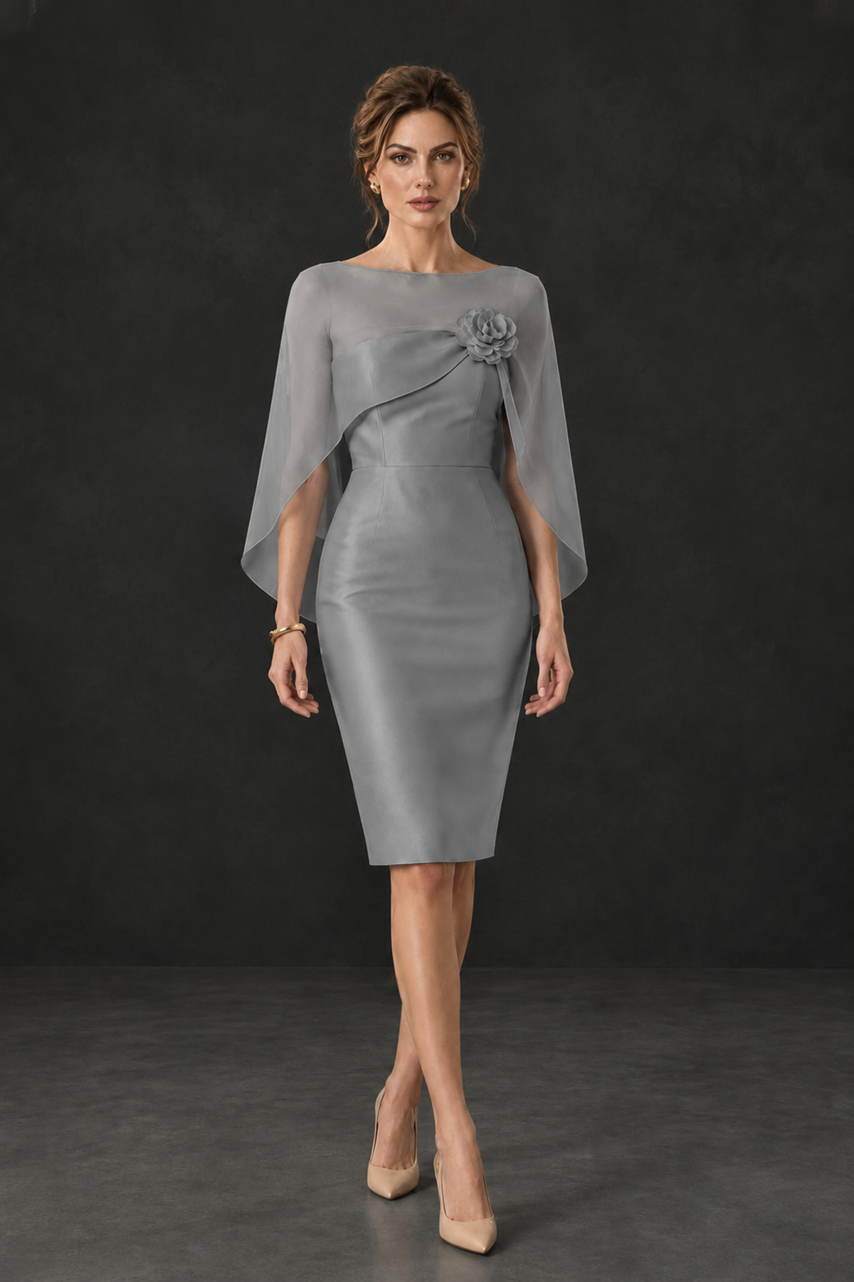 BOLODOO Grey Cape Knee-Length Mother of the Bride Dress - Grey - Grey (4)