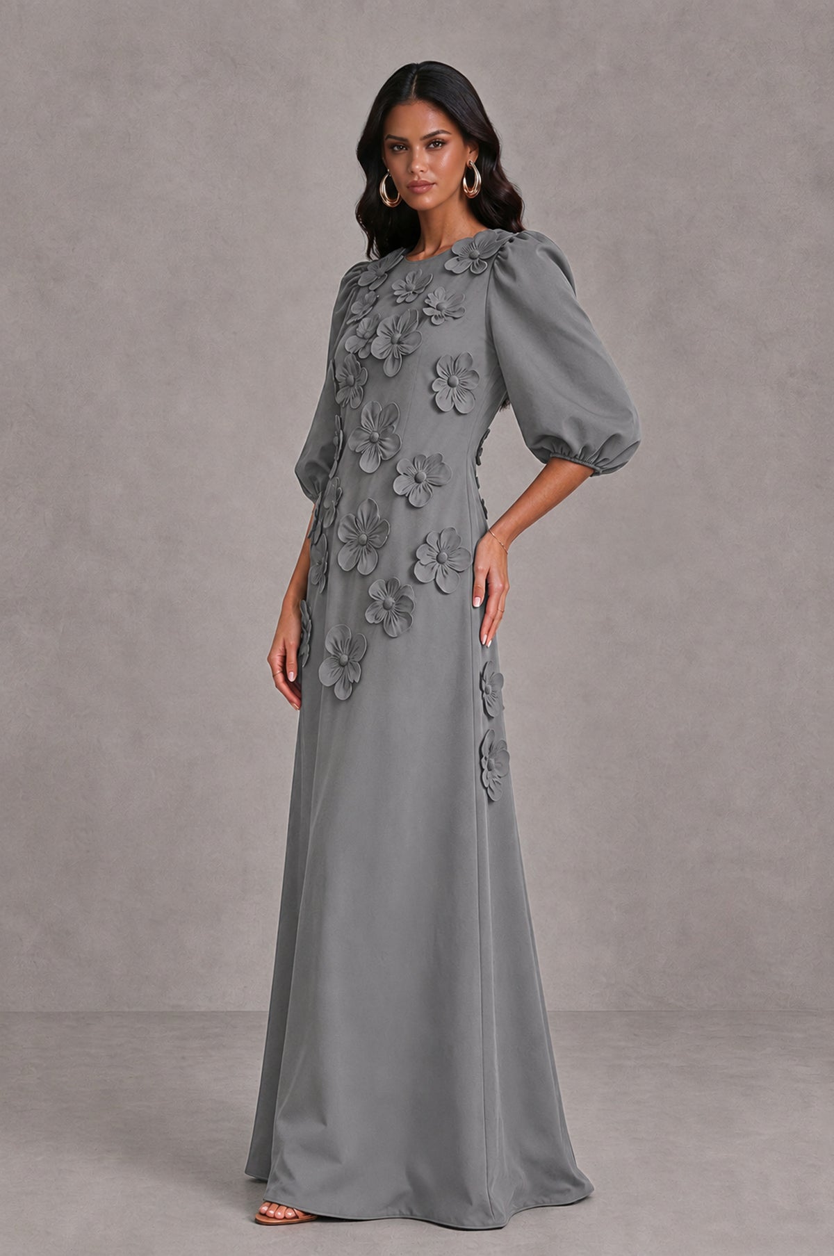 BOLODOO Grey Floral Applique Puff Sleeve A-Line Evening Dress - Grey - Grey (4)