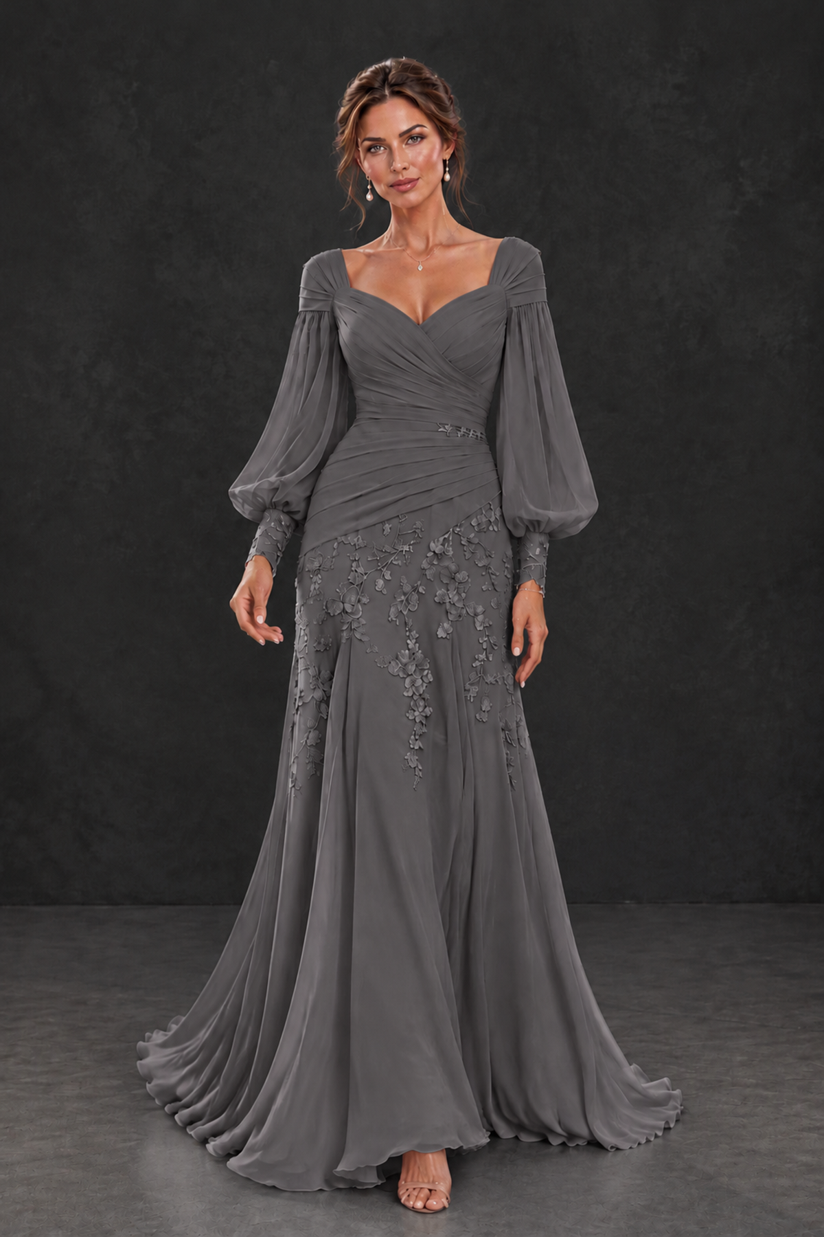 BOLODOO Grey Long Sleeve Mother of the Bride Dress with Floral Appliqués - Grey - Grey (4)