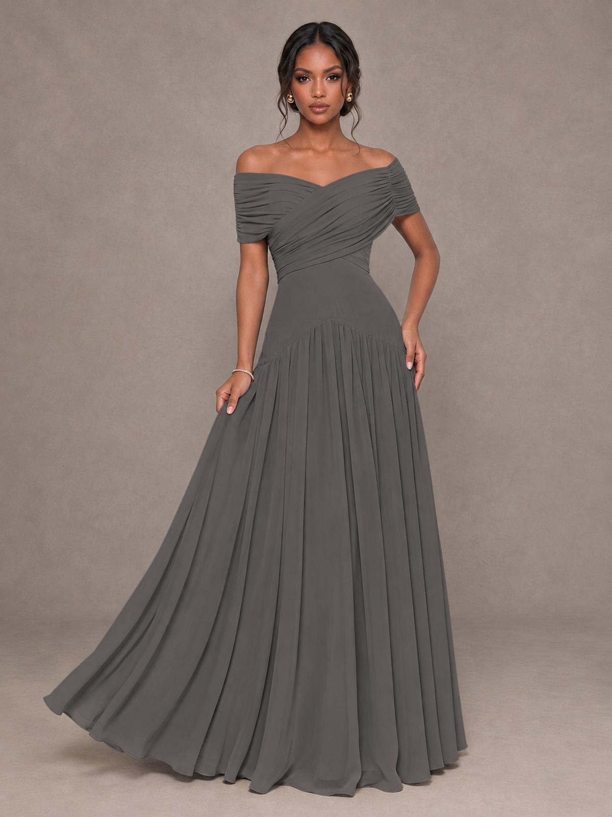 BOLODOO Grey Off-Shoulder Ruched A-Line Bridesmaid Dress - Grey - Grey (4)