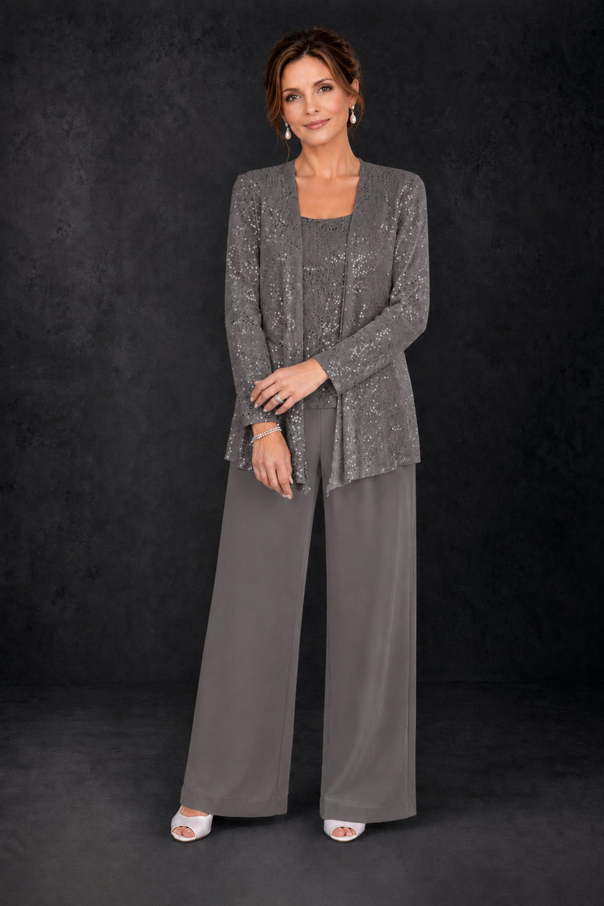 BOLODOO Grey Sequin Lace 3-Piece Pant Suit with Long Sleeve Jacket - Grey - Grey (4)