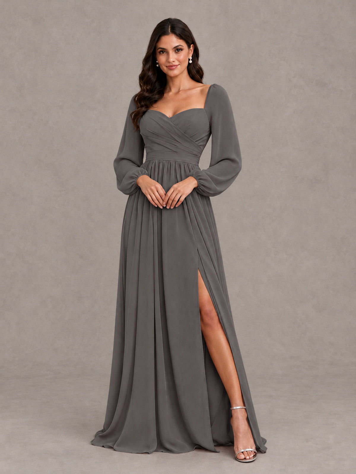 BOLODOO Grey Long Sleeve Chiffon Bridesmaid Dress with Slit - Grey - Grey (4)