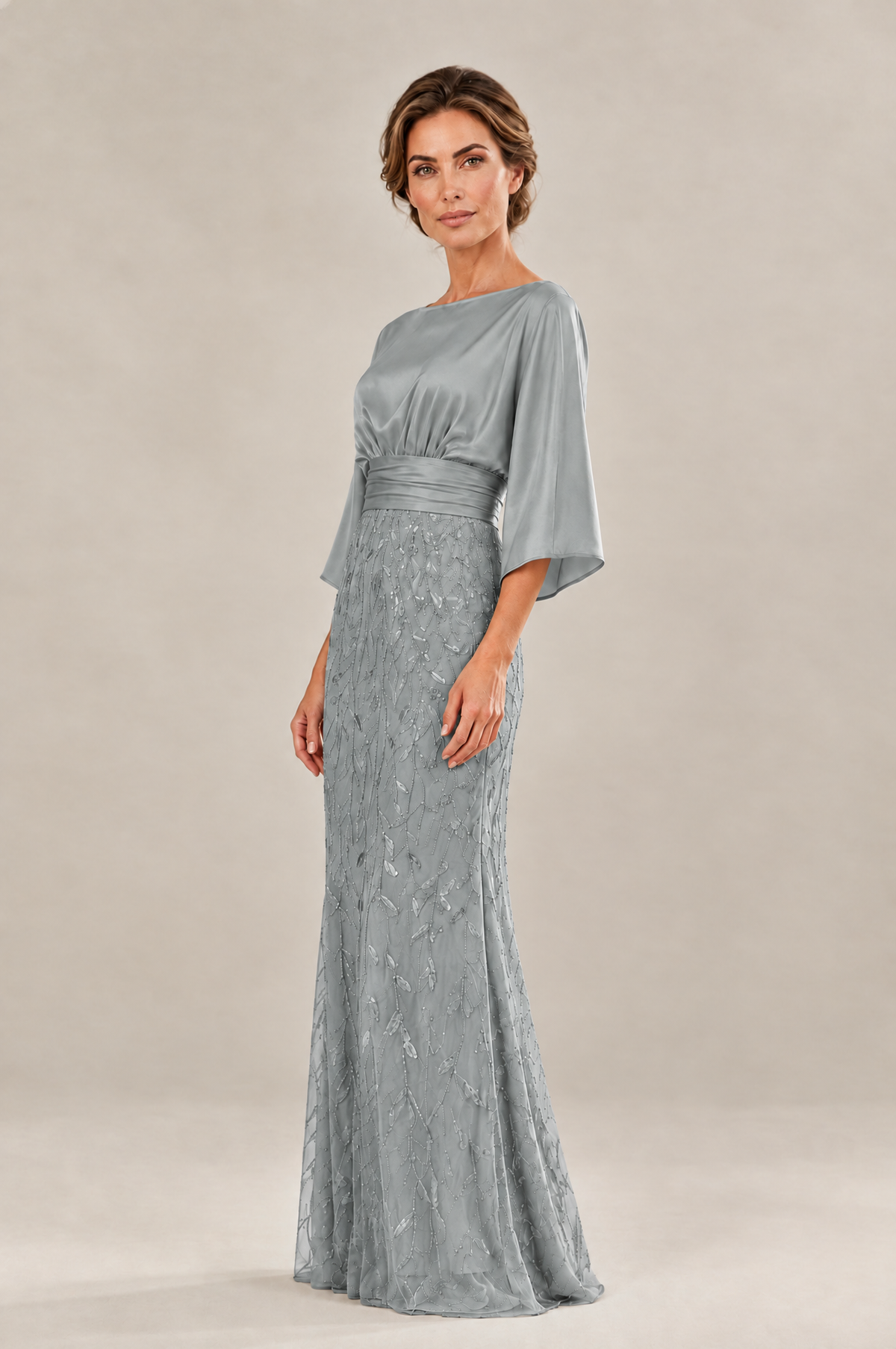 BOLODOO Grey Mother of the Bride Dress with Kimono Sleeves, Satin Bodice & Sequin Embroidered Mermaid Floor-Length Gown - Grey - Grey (4)