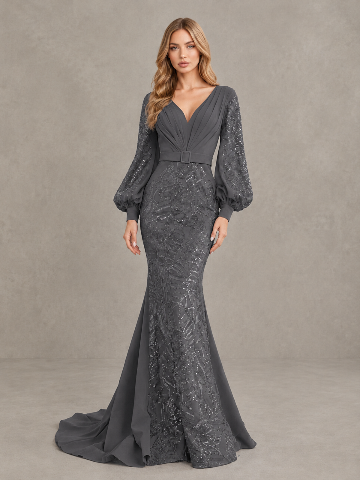 BOLODOO Grey Sequin Long Bishop Sleeve Mermaid Evening Dress - Grey - Grey (4)
